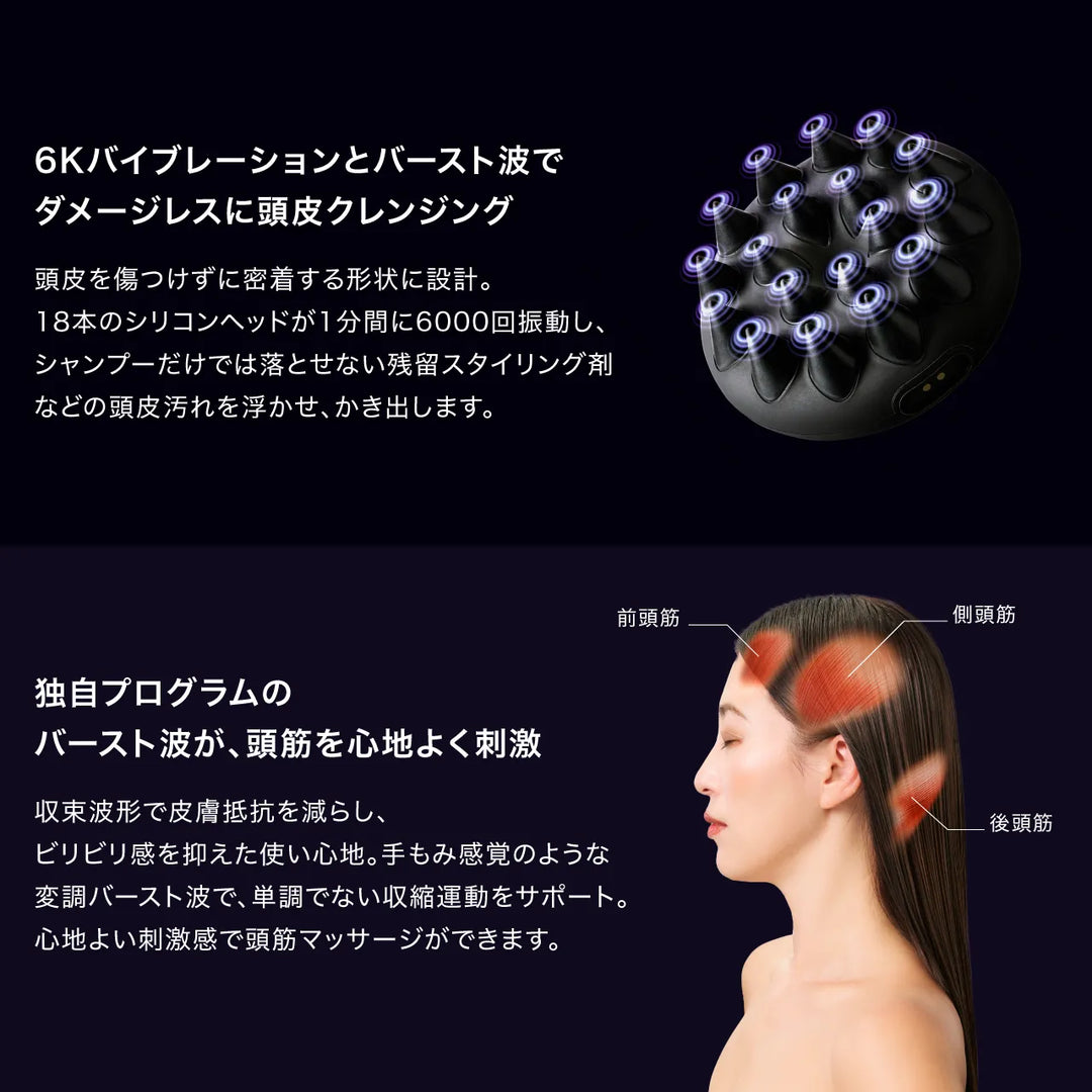 6Kバイブレーションとバースト波による頭皮クレンジングの技術解説。18本のシリコンヘッドが1分間に6000回振動する仕組みと、前頭筋・側頭筋・後頭筋への刺激を示す図。