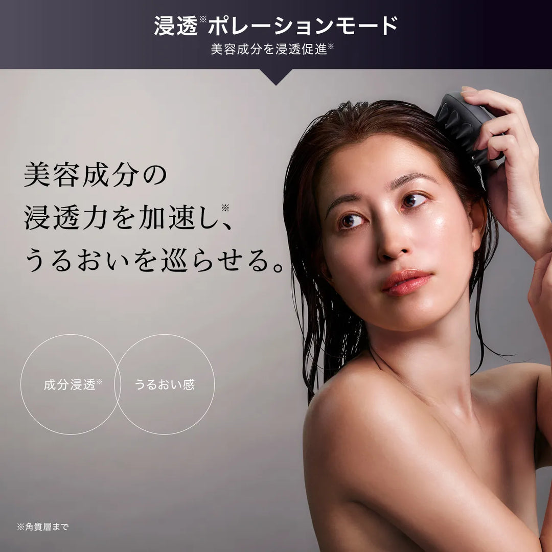 浸透ポレーションモードの使用イメージ。女性がSWaSHを頭皮に当てている様子。美容成分の浸透力を加速し、うるおいを巡らせる効果の説明。