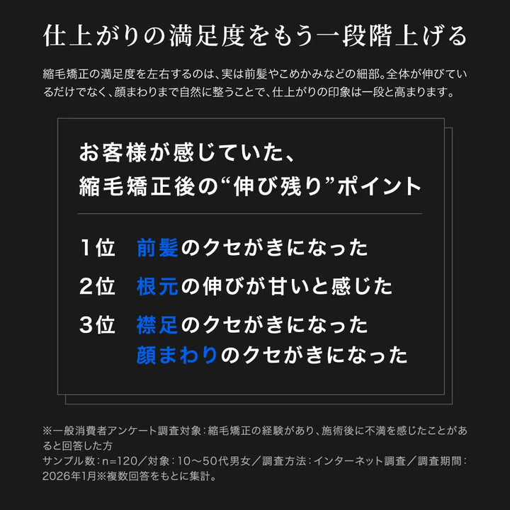 キヌージョ サファイアストレートプロは、縮毛矯正後の"伸び残り"ポイント（前髪、根本、襟足、顔まわり）の仕上がりの満足度をもう一段階上げる