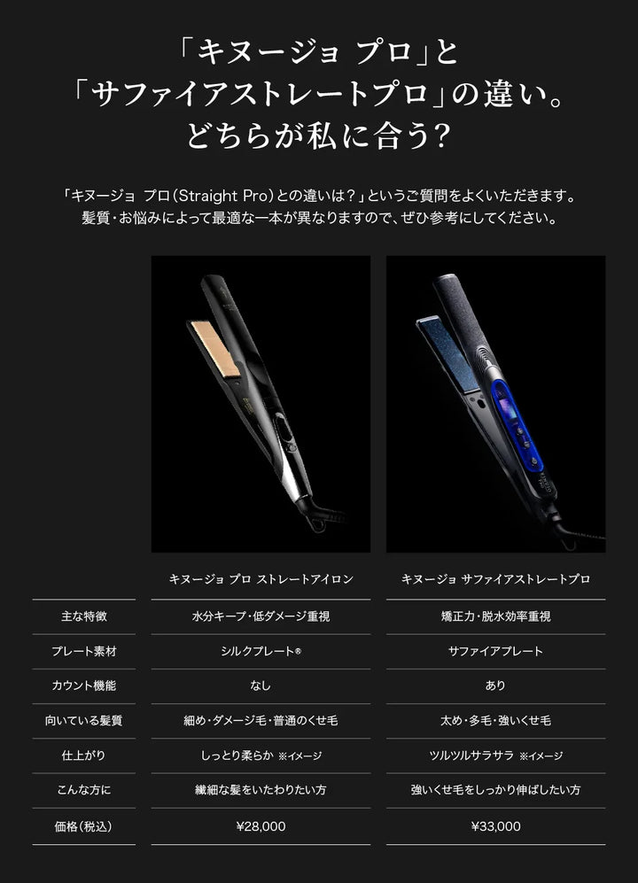 「キヌージョ プロ」と「キヌージョ サファイアストレートプロ」の違い。繊細な髪を労わりたい方はキヌージョ プロ、強いくせ毛をしっかり伸ばしたい方はキヌージョ サファイアストレートプロがおすすめ